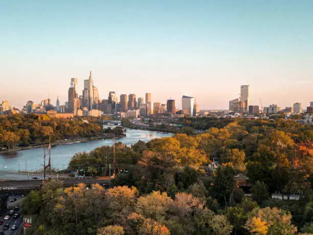 Aerial drone footage at Kelly Drive, view of the city during Phillies making World Series
