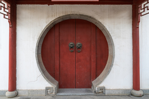 Chinese old red door in the Temple