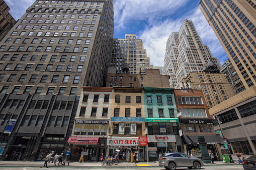 Street view of New York City Midtown Manhattan buildings