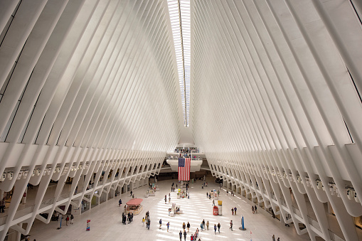 June 18, 2022: Interior view of the Oculus, World Trade Center Transportation Hub, Lower Manhattan of New York City, USA. The Oculus Hub was designed by architect Santiago Calatrava.