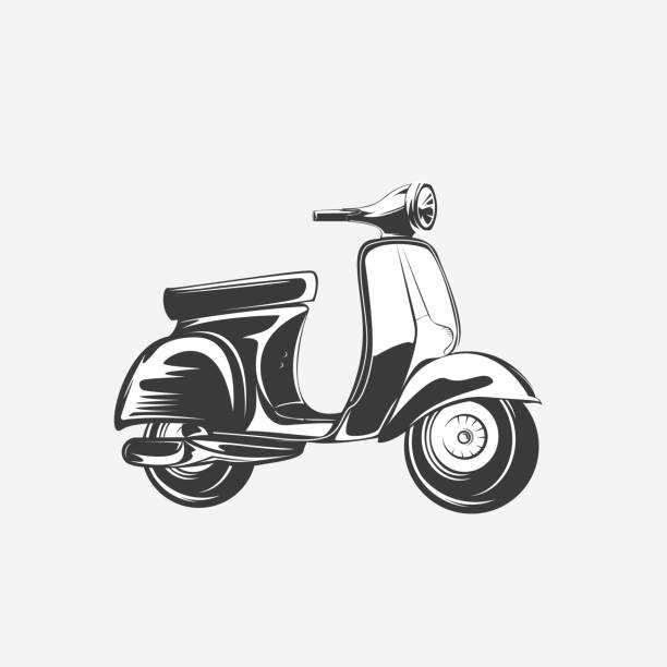 빈티지 복고풍 지저분한 스쿠터 로고 디자인, 흰색 배경에 스쿠터 셔츠 벡터 - moped stock illustrations