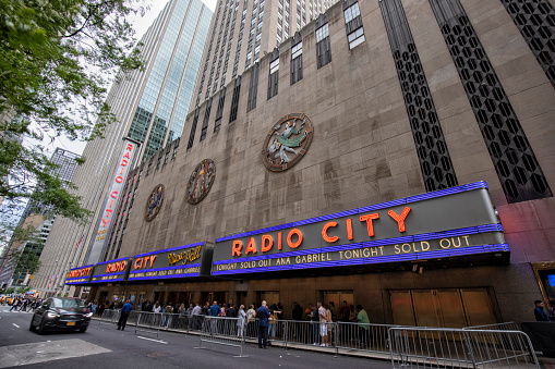 Street view of Radio City Music Hall in New York City