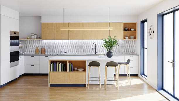 istock Modern kitchen with large island and bar stools. 3d rendering of a kitchen with white fronts and wooden drawers. 1434603282