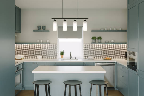 istock Green kitchen with an island. 3D rendering of a kitchen with tall cabinets and kitchen utensils. 1434603427