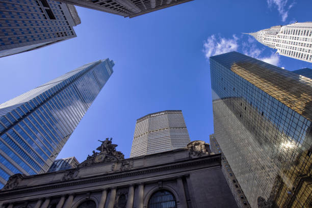 Up view of Grand Central Terminal and New York City Midtown Manhattan Skyscrapers stock photo