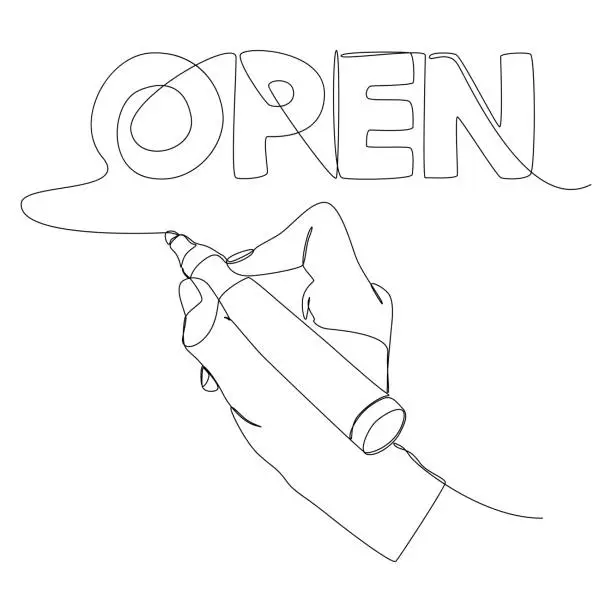 Vector illustration of One continuous line of Open word written by with felt tip pen. Thin Line Illustration vector concept. Contour Drawing Creative ideas.