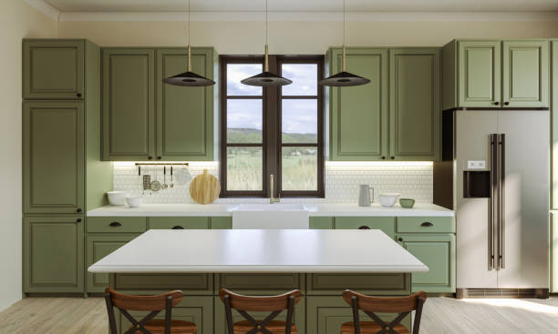 istock Modern style kitchen with light counter top with sink, hob, oven, kitchen utensils. There are drawers under the table top. 3D rendering. 1434603781