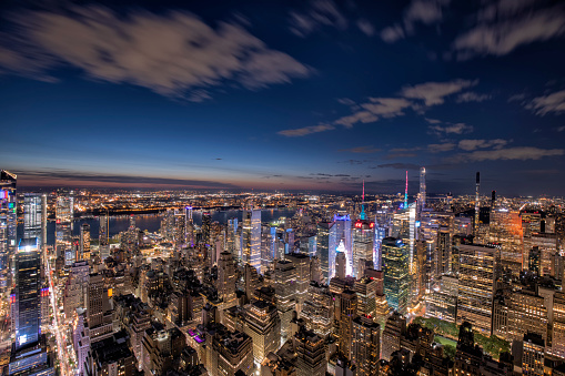 Aerial view of New York City Manhattan skyline at night