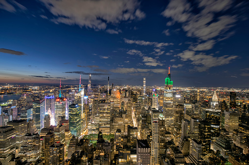 Aerial view of New York City Manhattan skyline at night