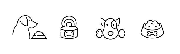 ilustraciones, imágenes clip art, dibujos animados e iconos de stock de conjunto de iconos de comida para perros. perro comiendo un hueso, lata y tazón lleno de comida. píxel perfecto, trazo editable - van dog pets delivery van