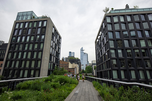 The High Line is a public park built on an historic freight rail line elevated above the streets on Manhattan's West Side.