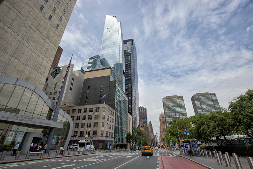 Street view of New York City Midtown Manhattan buildings close to United Nations Head Quarters.
