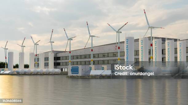 Hydrogen Storage Compartment Wind Turbines Solar Panels And Liion Battery Container On Seacoast Energy Storage System Stock Photo - Download Image Now