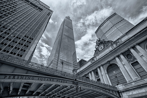 Grand Central Terminal and New York City Midtown Manhattan Skyscrapers from below in Black and White