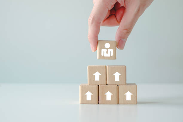 Human Resource Development, HRD, Human improvement, Personal growth, Evaluation, Performance Appraisal, Skill, Training, Success, Leadership. Hand holding businessman icon on top of wooden block. desarrollo de recursos humanos, desarrollo de recursos humanos, mejora humana, crecimiento personal, evaluación, evaluación del desempeño, habilidad, capacitación, Éxito, liderazgo. icono de hombre de negocios sostenido de la mano en la parte superior