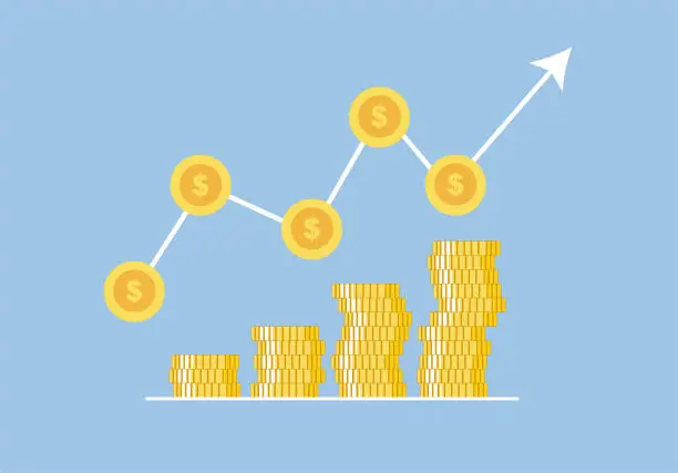 Vector illustration of Increasing the pile of dollar coins with an arrow