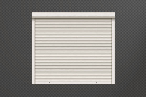 White closed roller shutter door with realistic texture White closed roller shutter door with realistic texture. Metal protect system for shops and stores. Vector illustration of steel gate of garage, house or warehouse. Roller up blinds. roll a door stock illustrations
