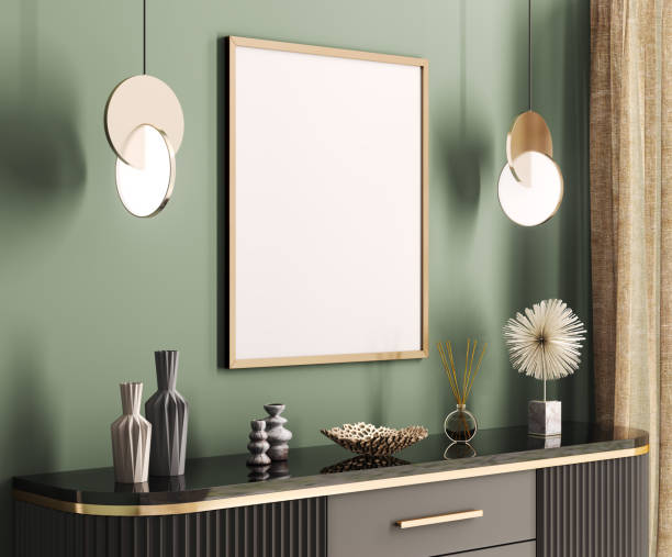 Interior of modern living room with sideboard and empty frame over green wall. Contemporary room with dresser. Home design with mock up poster. 3d rendering Interior of modern living room with sideboard and empty frame over green wall. Contemporary room with dresser. Home design with mock up poster. Pendant lights and curtain, art deco interior style. 3d rendering art deco vase stock pictures, royalty-free photos & images