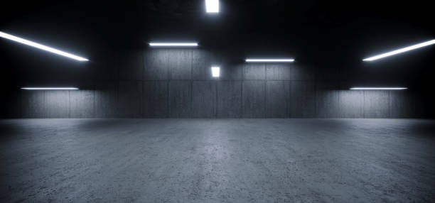 istock Big Rough Concrete Grunge Asphalt Cement Dark Glowing Lights Underground Studio Hallway Parking Room Bunker Bomb Shelter Basement 3D Rendering 1434613171