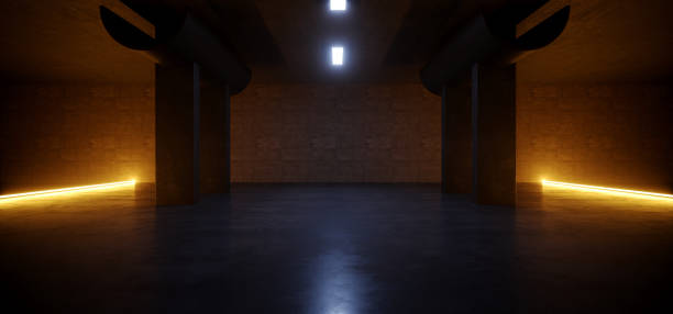 istock Dark Orange Laser Light Glowing Sci Fi Futuristic Bomb Shelter Studio basement Concrete Rough Asphalt Parking Underground Hallway 3D Rendering 1434613236