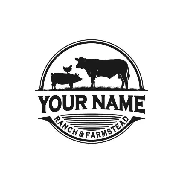 Vector illustration of Ranch and farmstead, farm animal logo inspiration. cows, pigs and chickens