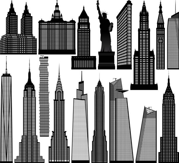 hochdetaillierte gebäude in new york city - lower manhattan skyline new york city city stock-grafiken, -clipart, -cartoons und -symbole