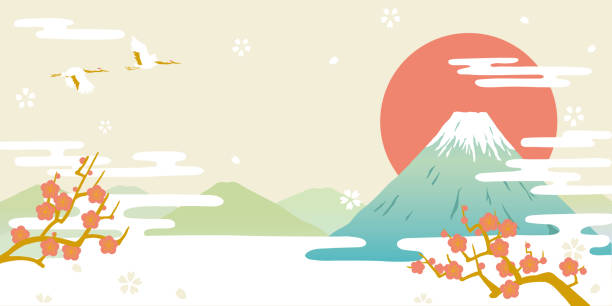 mt.fuji und erster sonnenaufgang in japan. japanische neujahrskarte. - new years day stock-grafiken, -clipart, -cartoons und -symbole