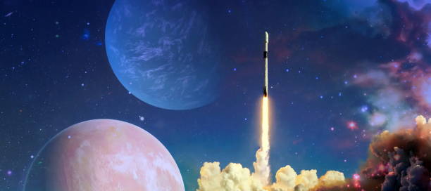 istock shuttle launch in the clouds to outer space. Dark space with stars on background.Spaceship flight. Elements of this image furnished by NASA 1434618367