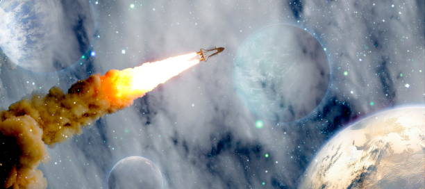istock rockets launch into space on the starry sky. spacecraft flies into space with clouds of smoke. Elements of this image furnished by NASA 1434618416