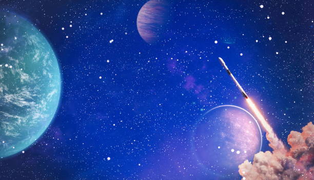 istock shuttle launch in the clouds to outer space. Dark space with stars on background.Spaceship flight. Elements of this image furnished by NASA 1434618564