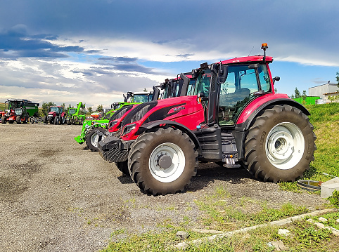 Kyiv, Ukraine - June 16, 2022: Modern agricultural wheeled tractor Valtra at Kyiv, Ukraineon on June 16, 2022