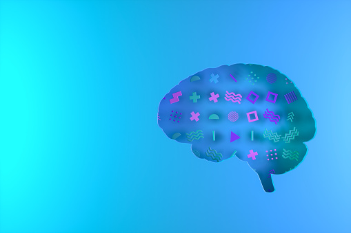 3d rendering of brain with geometric shapes. Mental Health Artificial intelligence, machine learning concept with brain. Neon lighting.