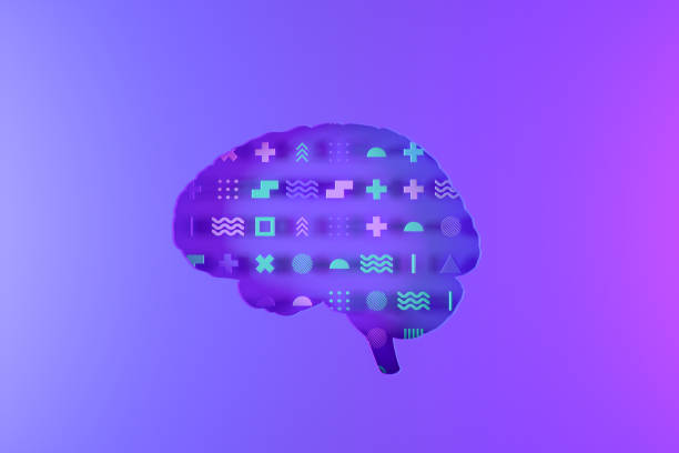 Brain with geometric shapes, mental health, artificial intelligence concept, neon lighting stock photo