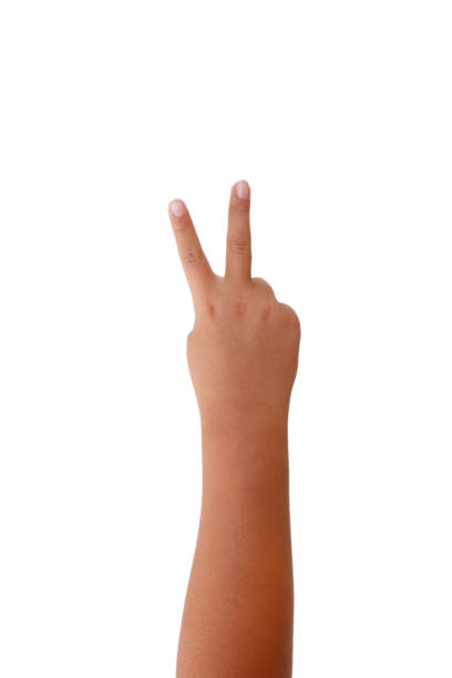 istock Child hand showing peace sign isolated on white background 1434619839