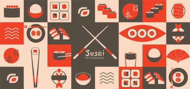 illustrations, cliparts, dessins animés et icônes de bannière géométrique de sushis - cuisine japonaise