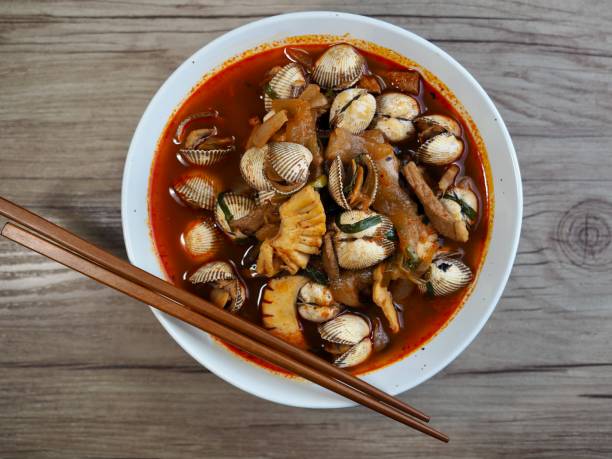 Asian food Chinese-style noodles with vegetables and seafood, jjamppong