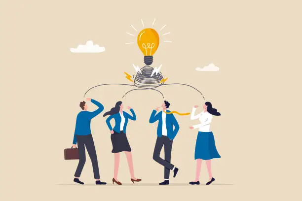 Vector illustration of Brainstorming idea, team meeting or discussion for business solution or inspiration, teamwork creativity or collaboration for success concept, business men and women brainstorming new lightbulb idea.