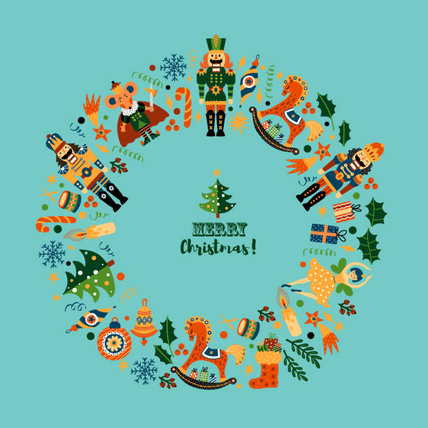 ilustrações de stock, clip art, desenhos animados e ícones de christmas wreath with cute motifs from the ballet  nutcracker. - xmas toys snowflake