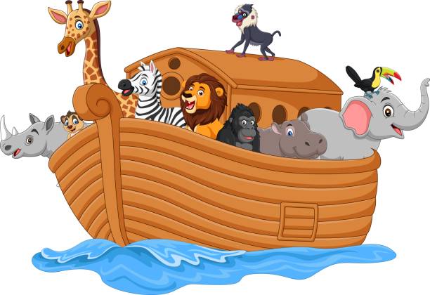 illustrazioni stock, clip art, cartoni animati e icone di tendenza di arca di noè dei cartoni animati con animali - ark cartoon noah animal