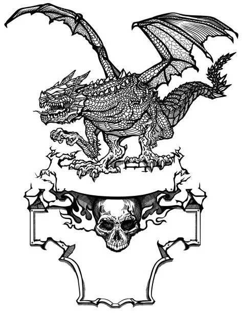 Vector illustration of Medieval dragon and burning human skull. Template. Black and white