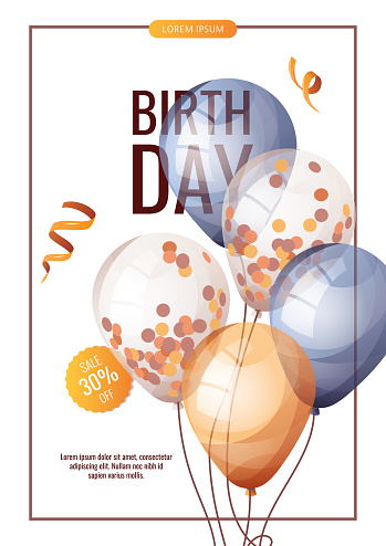 Birthday promo sale flyer with balloons.