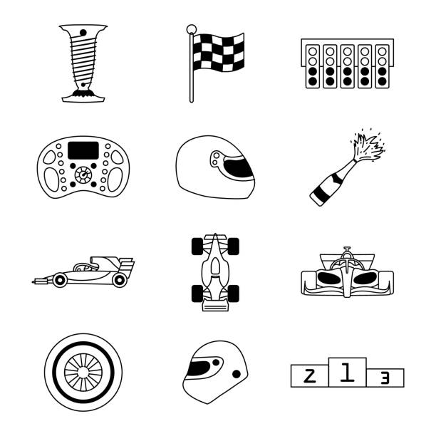 A set of contour icons on the theme of racing. Different types of cars, helmets and track elements. A set of contour icons on the theme of racing. Different types of cars, helmets and track elements. Vector illustration staging light stock illustrations