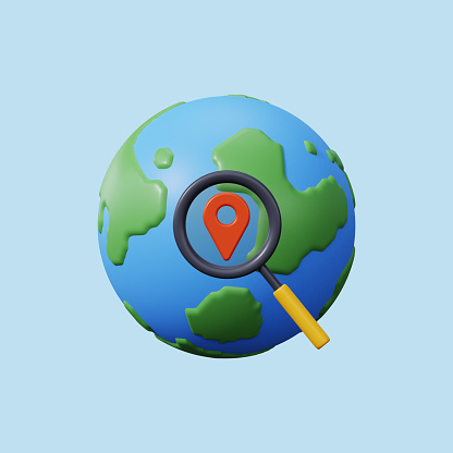 Global search concept. Globe zoom. Earth with magnifying glass search icon. Searching place.  3d render