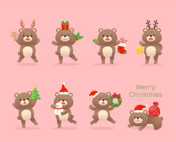 Vector illustration of Set of cute baby bear character mascot with Christmas elements and dress up, happy celebration, vector cartoon style