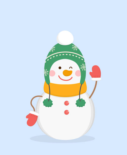 遊び心のあるかわいいクリスマス雪だるま、クリスマスを祝うのが幸せ、緑のサンタハットとスカーフとウールのミトン、ベクトル漫画スタイル - scarf hat green glove点のイラスト素材／クリップアート素材／マンガ素材／アイコン素材