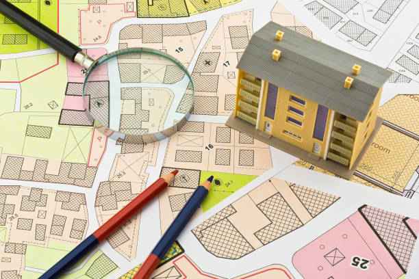 istock Imaginary cadastral map and general urban plan with cadastral parcels, urban destinations, vacant land plots and condominium residential building 1434632743