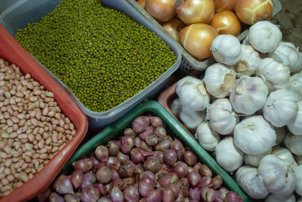 Bean, mung beans, union, garlic, onion are types of spices for cooking
