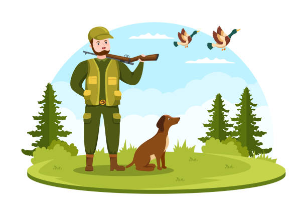 狩猟用ライフルまたは武器を持つハンター 平らな漫画の手描きテンプレートイラストで森の鳥や動物に撃つ - hunting rifle sniper duck hunting点のイラスト素材／クリップアート素材／マンガ素材／アイコン素材