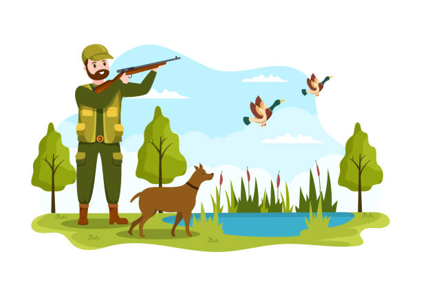 myśliwy z karabinem myśliwskim lub bronią strzelanie do ptaków lub zwierząt w lesie na płaskiej ilustracji szablonu rysunku ręcznego - hunting rifle sniper duck hunting stock illustrations