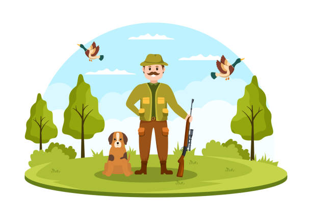 lovec s loveckou puškou nebo zbraní střelba na ptáky nebo zvířata v lese na ploché kreslené ruce kreslení šablona ilustrace - hajný stock ilustrace